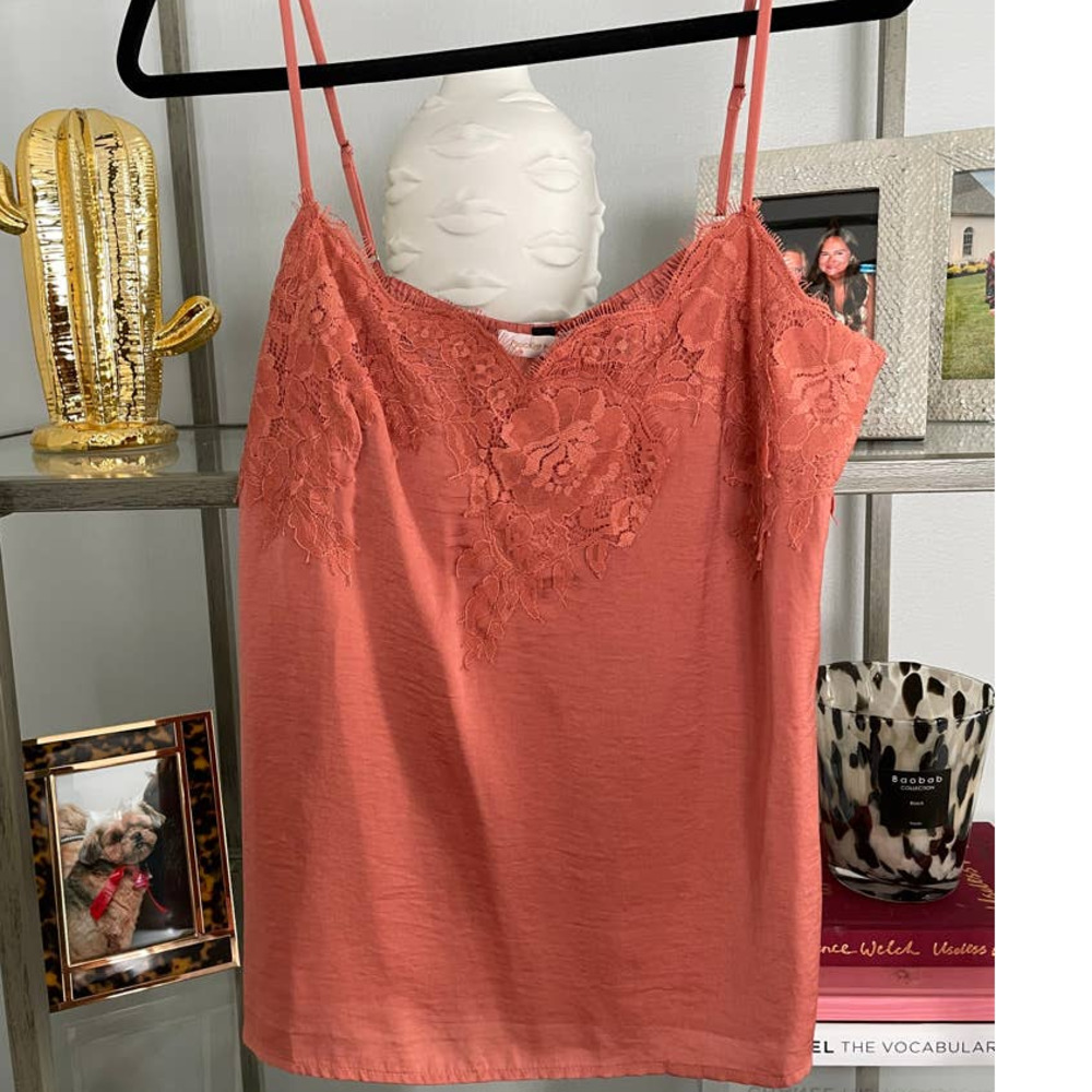 Pookie & Sebastian Lace Silk Camisole Top in Coral (L) NWT